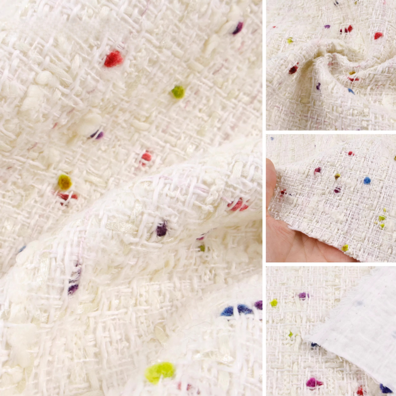Sewing Tweed - Creamy White 3D Grid Colorful Dots